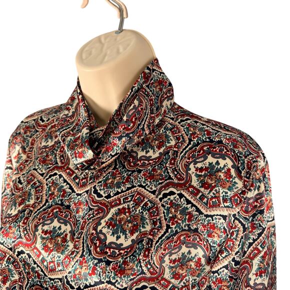 Vtg Jessica Lynn Blouse 8 Silky Polyester Red Green Floral Twisted Turtleneck - Picture 4 of 16